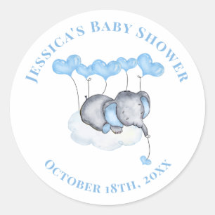 Pegatina Redonda Elefante Bebé Niño en Nube Blanca para Baby Shower