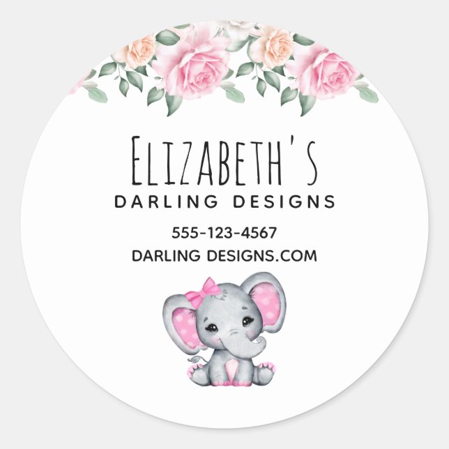 Pegatina Redonda Elefante bebé rosa y Rosas en la frontera (Anverso)