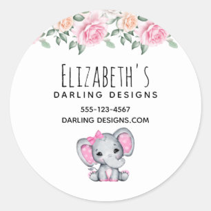 Pegatina Redonda Elefante bebé rosa y Rosas en la frontera