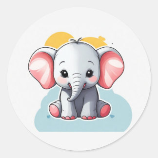 Pegatina Redonda Elefante bebé sonriente con mejillas Rubor, kawaii
