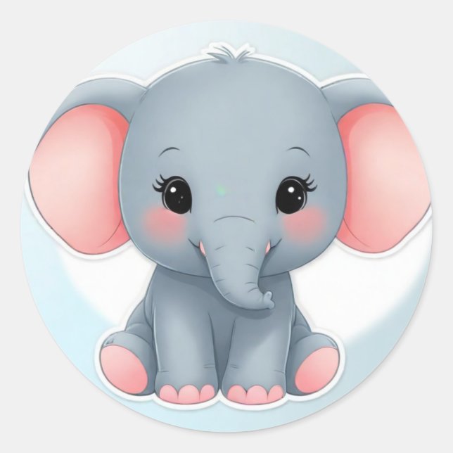 Pegatina Redonda Elefante bebé sonriente con mejillas Rubor, kawaii (Anverso)