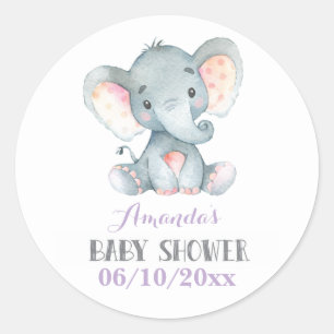 Pegatina Redonda Elefante chica Baby Shower morado y gris