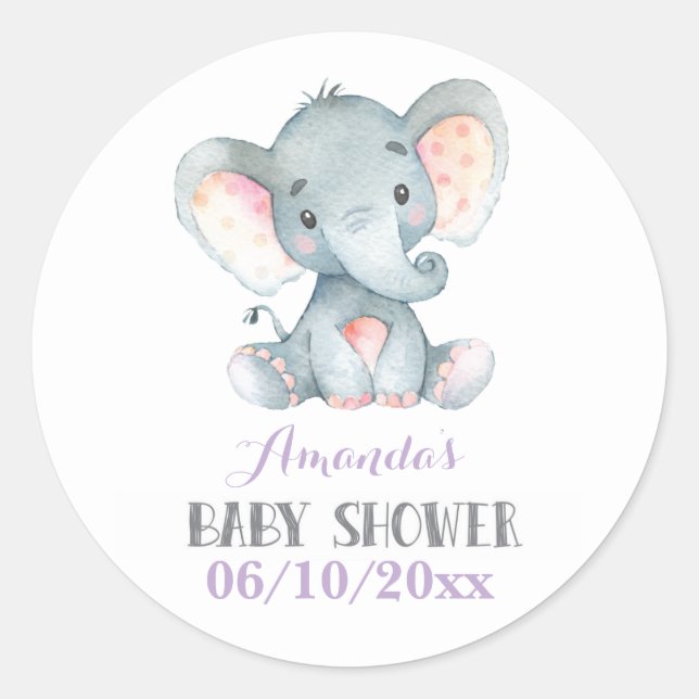 Pegatina Redonda Elefante chica Baby Shower morado y gris (Anverso)