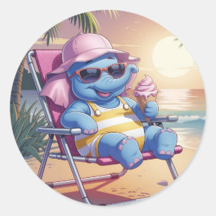 Pegatina Redonda Elefante comiendo helado de verano