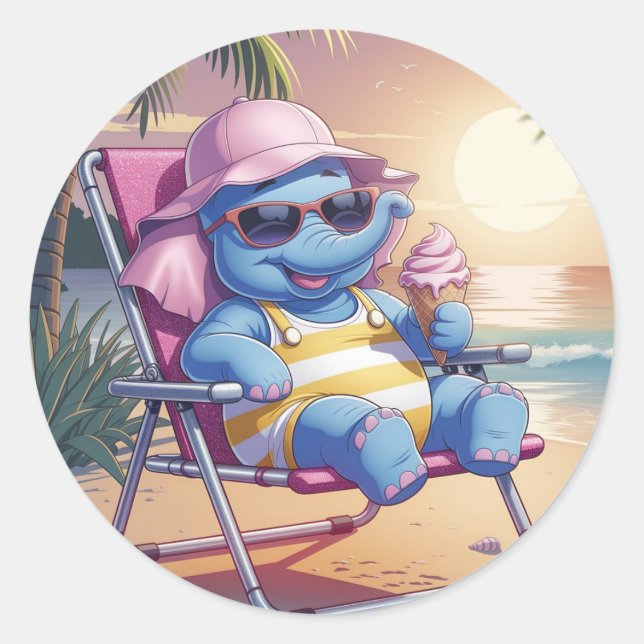 Pegatina Redonda Elefante comiendo helado de verano (Anverso)
