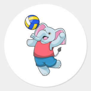 Pegatina Redonda Elefante como jugador de voleibol con voleibol