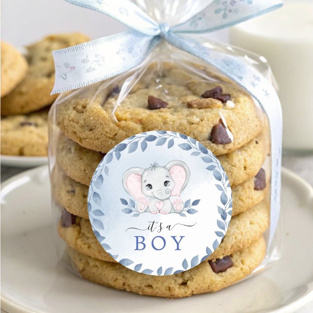 Pegatina Redonda Elefante con anémonas azules es un niño Baby Showe (Elephant With Blue Anemones It's A Boy Baby Shower Classic Round Sticker)