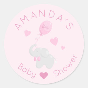 Pegatina Redonda Elefante con Chica de Baby Shower en globo