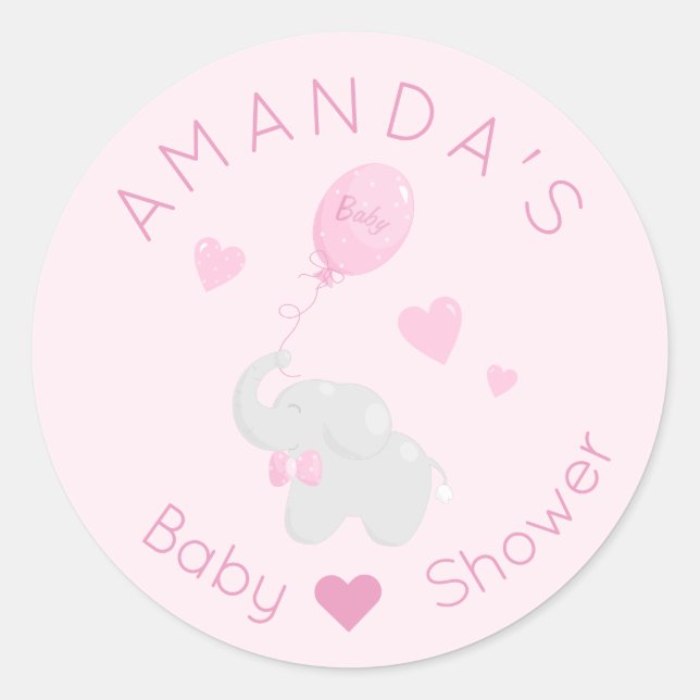 Pegatina Redonda Elefante con Chica de Baby Shower en globo (Anverso)