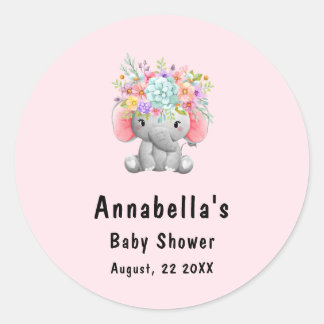 Pegatina Redonda Elefante con Flores Baby Shower