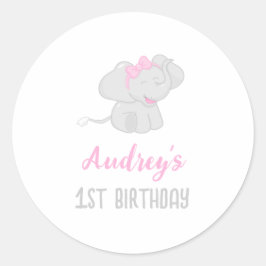 Pegatina Redonda Elefante Cute Primer Cumpleaños