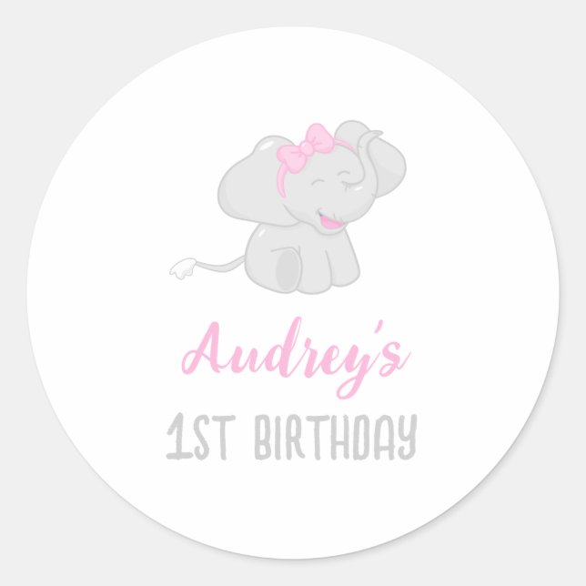 Pegatina Redonda Elefante Cute Primer Cumpleaños (Anverso)