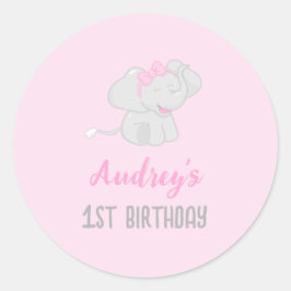 Pegatina Redonda Elefante Cute Primer Cumpleaños Rosa
