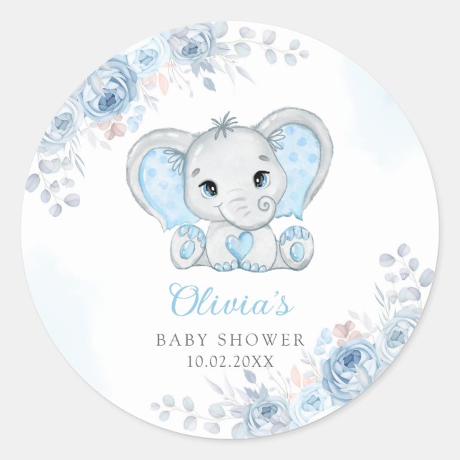 Pegatina Redonda Elefante Cute Watercolor Elephant Boy Baby Shower  (Anverso)