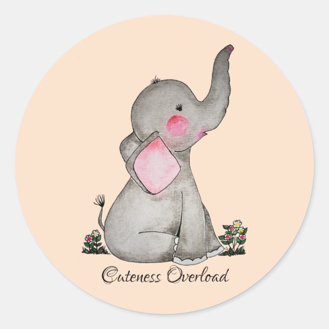Pegatina Redonda Elefante De Bebé Cuto De Acuarela Con Rubor Y Flor (Anverso)