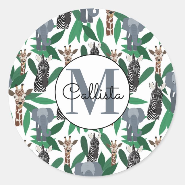 Pegatina Redonda Elefante de cebra jungla jirafa Safari Animales (Anverso)