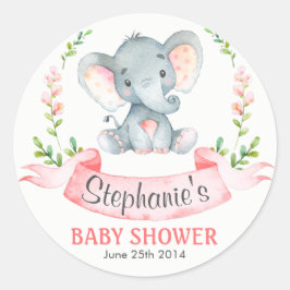 Pegatina Redonda Elefante de color agua Baby Shower Chica