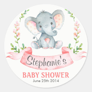 Pegatina Redonda Elefante de color agua Baby Shower Chica