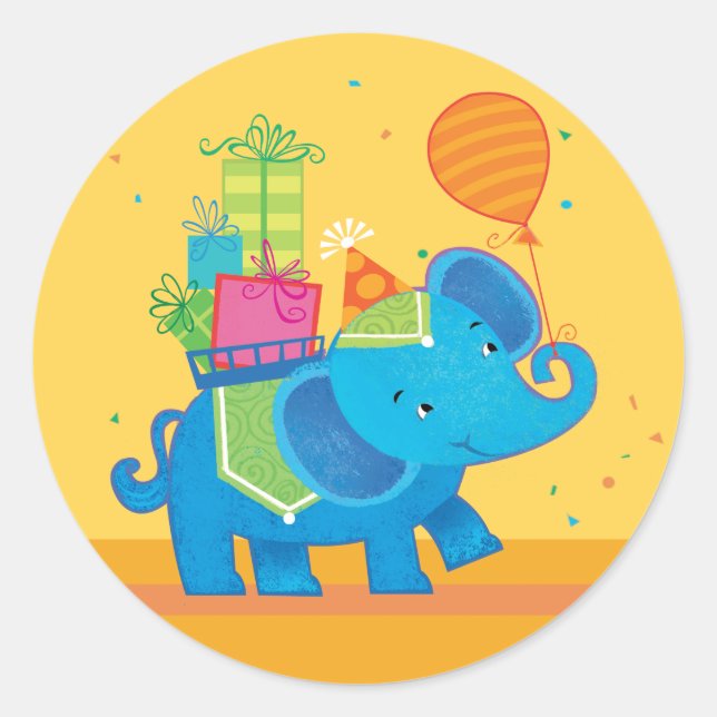 Pegatina Redonda Elefante de cumpleaños con globos y presenta Pegat (Anverso)