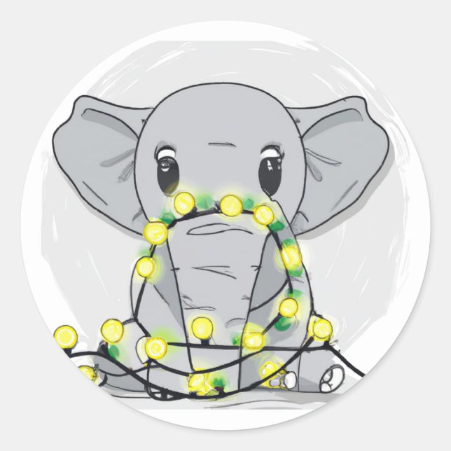 Pegatina Redonda elefante de navidades cortos envuelto en luces (Anverso)