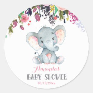 Pegatina Redonda Elefante de niña floral Baby Shower Rosa y Gris
