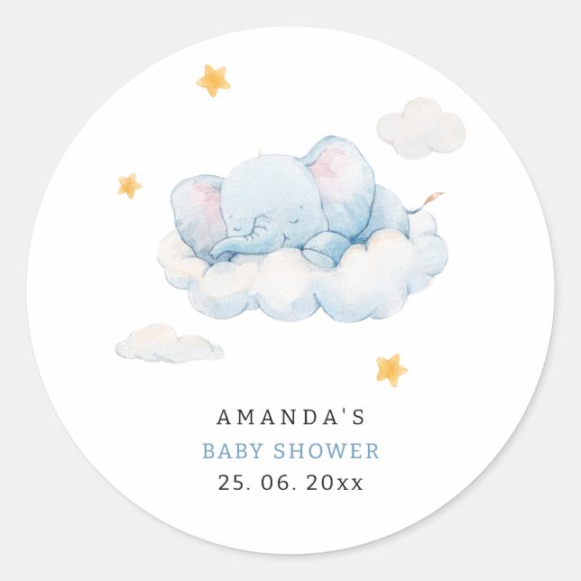 Pegatina Redonda Elefante durmiente Baby Shower, Boy Baby Shower (Anverso)