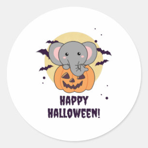 Pegatina Redonda Elefante en Calabaza Cute Elefante Feliz Halloween