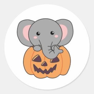 Pegatina Redonda Elefante en Calabaza Cute Elefante Feliz Halloween