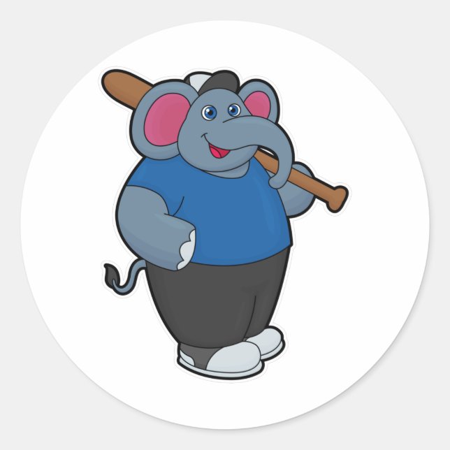 Pegatina Redonda Elefante en el béisbol con bate de béisbol (Anverso)