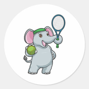 Pegatina Redonda Elefante en el tenis con raqueta de tenis