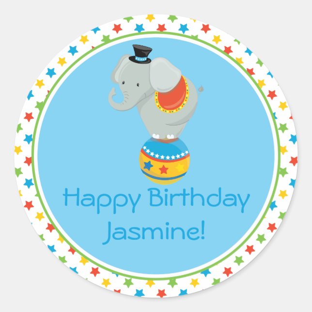 Pegatina Redonda Elefante en la bola | Tema del circo | Personaliza (Anverso)