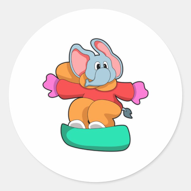 Pegatina Redonda Elefante en Snowboard con Snowboard (Anverso)