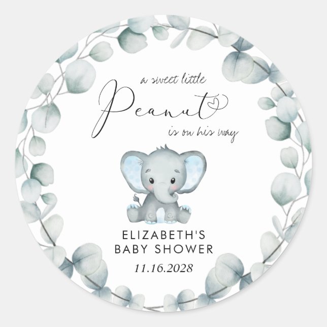 Pegatina Redonda Elefante Eucalyptus Baby Boy Shower (Anverso)