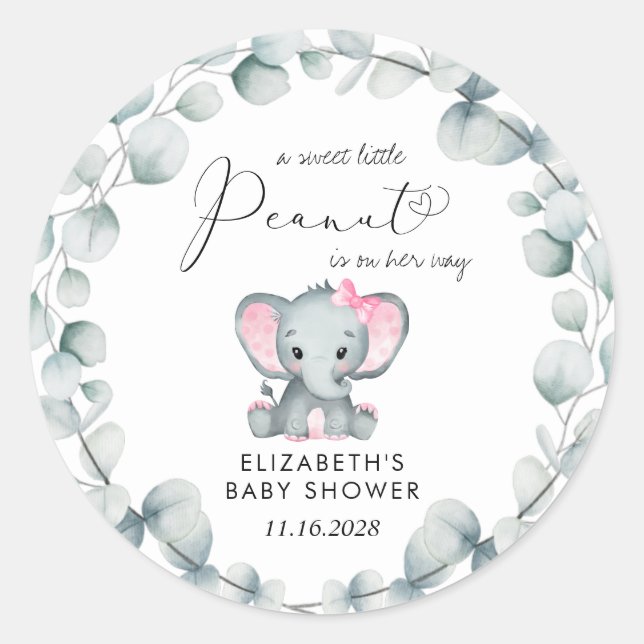 Pegatina Redonda Elefante Eucalyptus Baby Girl Shower (Anverso)