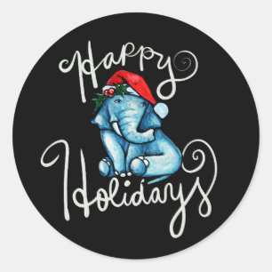 Pegatina Redonda Elefante Felices Fiestas Naturaleza holly yule art