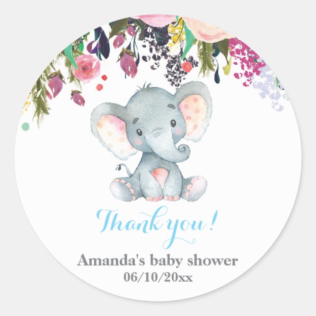 Pegatina Redonda Elefante floral Baby Shower Blue Gracias A Favor (Anverso)