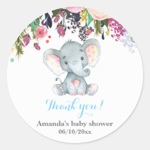 Pegatina Redonda Elefante floral Baby Shower Blue Gracias A Favor