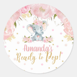 Pegatina Redonda Elefante Floral Baby Shower Listo para Estallar