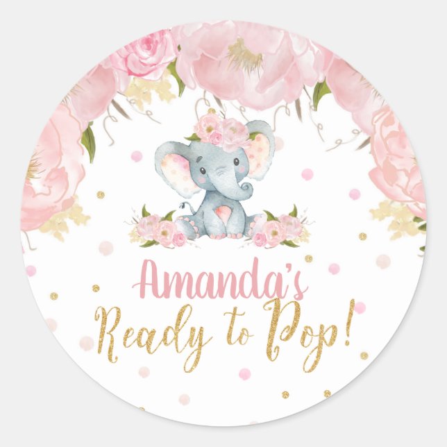 Pegatina Redonda Elefante floral Baby Shower listo para pop (Anverso)