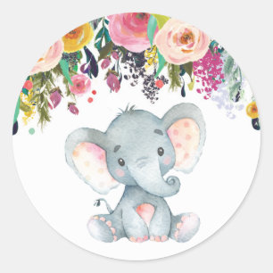 Pegatina Redonda Elefante Floral Niña Shower Rosa y Gris