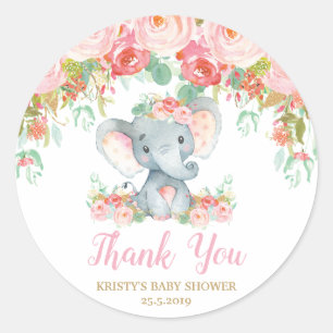Pegatina Redonda Elefante floral rosa Baby Shower Chicas favoritos