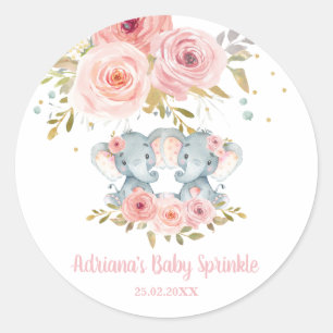 Pegatina Redonda Elefante floral rosa Chicas gemelos Baby Shower Fa