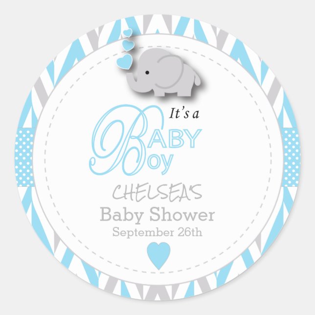 Pegatina Redonda Elefante gris azul Baby Shower 2 (Anverso)