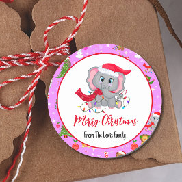 Pegatina Redonda Elefante Infantil Con Animales Zoológicos En Rosa