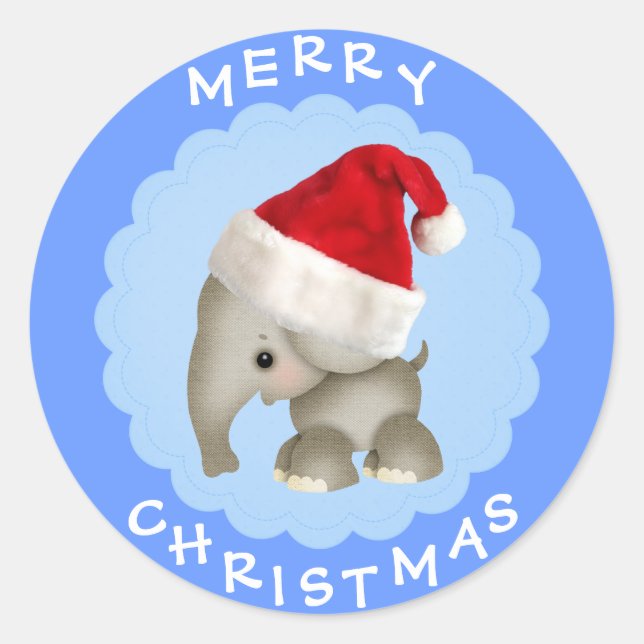 Pegatina Redonda Elefante lindo en Santa Hat Blue Christmas Sticker (Anverso)