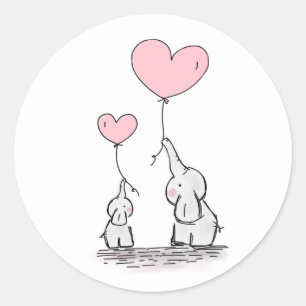 Pegatina Redonda Elefante madre y bebé con globos