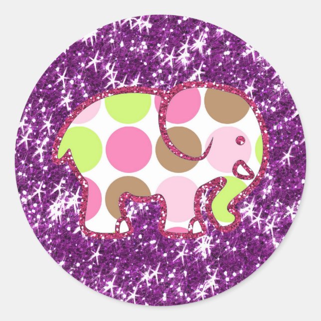 Pegatina Redonda Elefante Polka Dot Sparkly Purple Girly Regalos (Anverso)