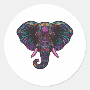 Pegatina Redonda Elefante psicodélico colorido