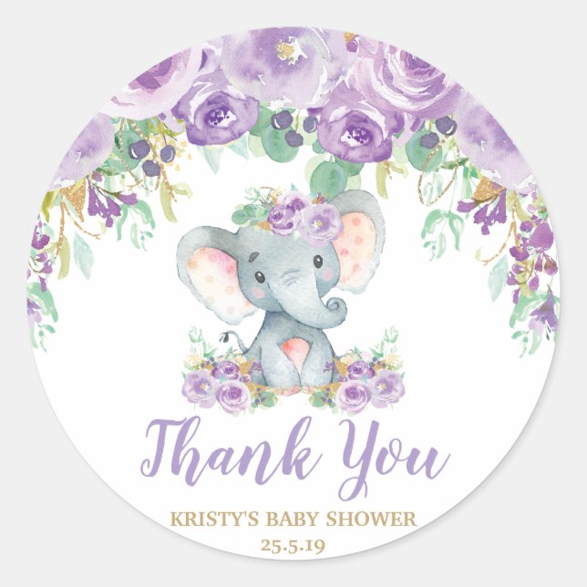 Pegatina Redonda Elefante Purple Floral Baby Shower Gracias Por Fav (Anverso)