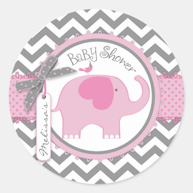 Pegatina Redonda Elefante rosa y Baby Shower impreso en chevron (Anverso)